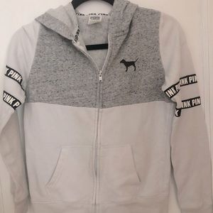 Pink XS white and grey hooded sweatshirt.